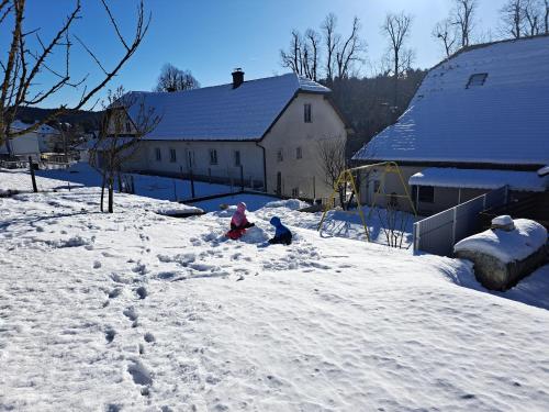 two children playing in the snow in a yard at Studio Sofia in Rakek