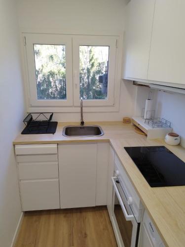 a kitchen with white cabinets and a sink and two windows at Pico Cerler in Cerler