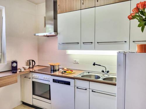 a white kitchen with a sink and a refrigerator at Holiday Home Villetta Isabella by Interhome in Ascona