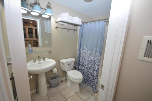 une salle de bain avec toilettes, lavabo et douche dans l'établissement South Village 7, à Glen Arbor