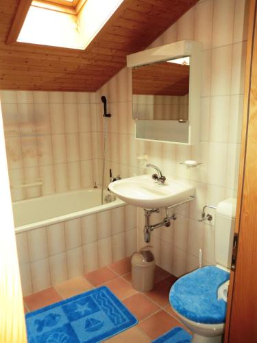 a bathroom with a sink and a toilet and a bath tub at Sonja in Schwarzsee