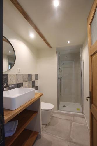 une salle de bain avec un lavabo, des toilettes et une douche dans l'établissement La ferme du Loup, à Cucuron