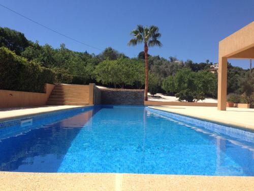 einen Pool in einer Villa mit einer Palme in der Unterkunft Villa Casa Santana - Heated Pool in Lagos