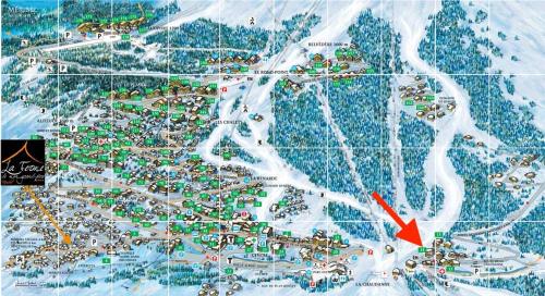 a map with a red arrow on it at Meribel Centre La Chaudanne, real ski in and out, 3 bedrooms 2 bathrooms newly renovated, Chalet l'Épervière in Méribel