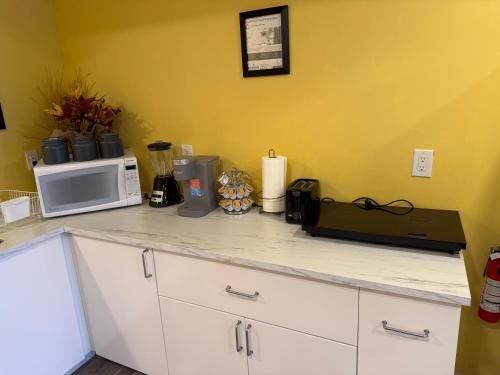 a kitchen with a counter top with a microwave at Home away from home in Winnipeg