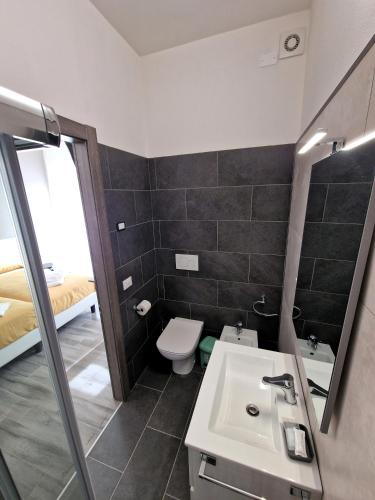a bathroom with a toilet and a sink and a mirror at Berica Alloggi Turistici in Vicenza