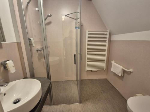 a bathroom with a shower and a sink at Teutsche Schule in Schleusingen