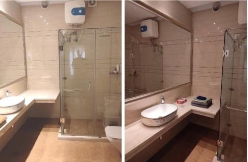 two pictures of a bathroom with a shower and a sink at Teghs Hospitality - Entire Superior Villa Bungalow in Chandīgarh