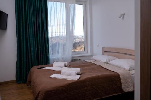 a bedroom with a large window with towels on a bed at Kamyanka in Mizhhirʼʼya