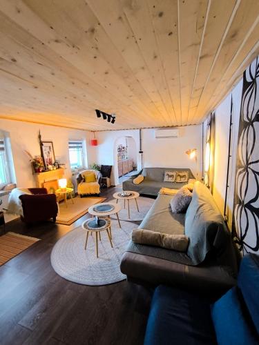 a living room with a couch and a table at Blue Forest Retreat in Mánfa