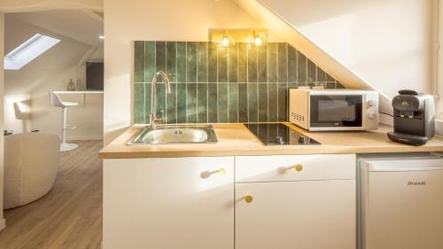 une cuisine avec un évier et un micro-ondes dans l'établissement Cocon de la Tour - Chambre 1 - Hypercentre, à Troyes