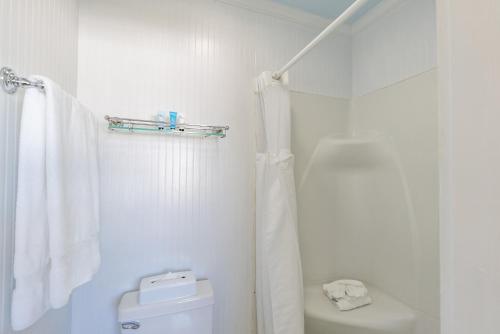 a white bathroom with a toilet and a shower at The Edgewater in Old Orchard Beach