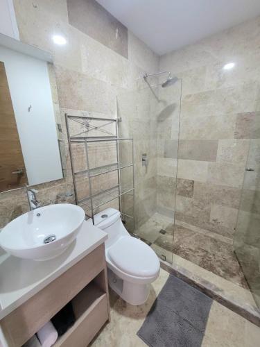a bathroom with a toilet and a sink and a shower at Condo en el corazon de Playa del Carmen in Playa del Carmen