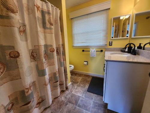 a bathroom with a sink and a shower curtain at North Shore Inn TC 301 in Traverse City