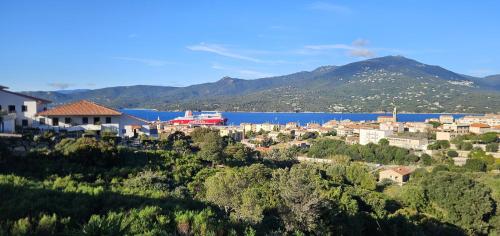 une ville sur une colline à côté d'une masse d'eau dans l'établissement Beau T3 Central - Vue mer & Piscine - A Funtana, à Propriano