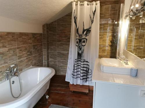 une salle de bain avec une baignoire et un lavabo dans l'établissement Gîte de l esqui, à Olette