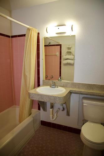 a bathroom with a sink and a toilet and a mirror at El Camino Motel in Tallahassee