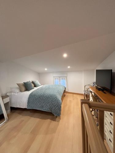 a bedroom with a bed and a flat screen tv at Puerta del Sol in Aranzueque