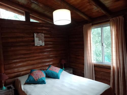 a bedroom with wooden walls and a bed with blue pillows at La exclusiva in Cosquín