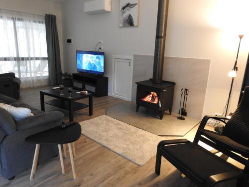 a living room with a fireplace and a tv at Halls Gap Cottages in Halls Gap