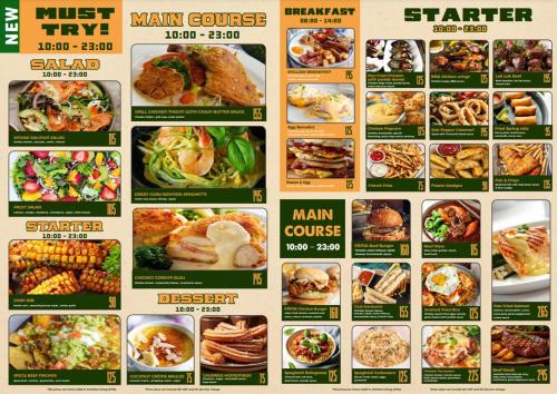 un menù per un ristorante con diversi tipi di cibo di Coral Cove Hotel a Da Nang