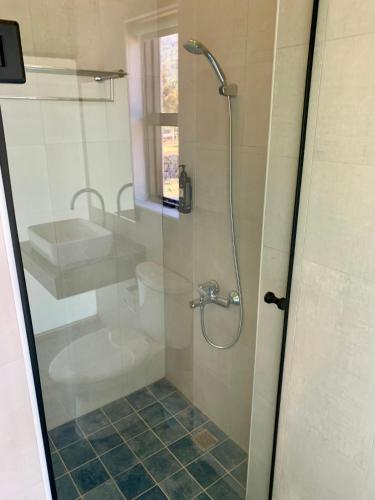 a bathroom with a shower with a toilet and a sink at Villa San Diego in Puli