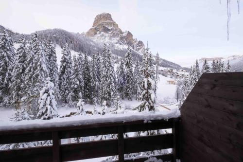 a view of a mountain with snow covered trees at Residence Salvan in Corvara in Badia