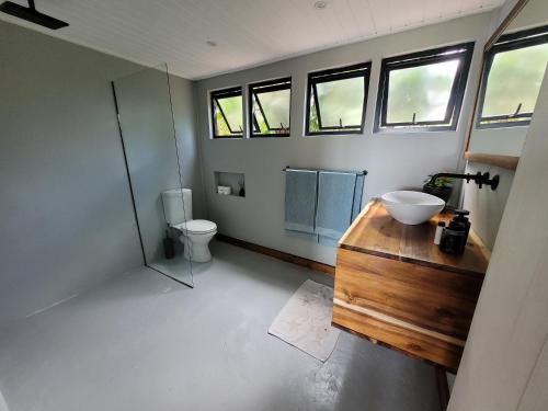 a bathroom with a sink and a toilet at Island Lake Villa and Bungalow in Wilderness