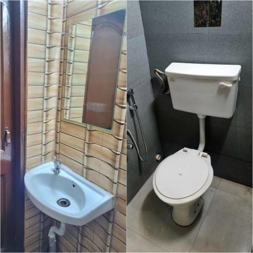 two pictures of a bathroom with a toilet and a sink at Unibed Dormitory in Mumbai