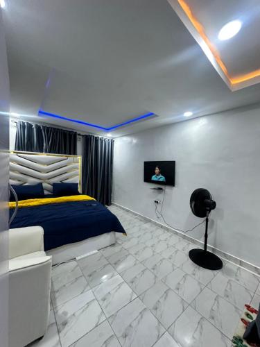 a bedroom with a bed and a tv on a wall at Beautiful single room studio apartment in Ilasan lekki magnanimous in Lekki