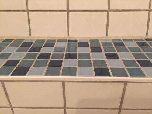 a bathroom floor with blue and white tiles on it at Ferienwohnungen Edition Bad Wimpfen in Bad Wimpfen