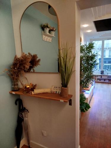 un couloir avec un miroir et une étagère avec des plantes dans l'établissement Chambre chez l'habitant à Paris centre, à Paris