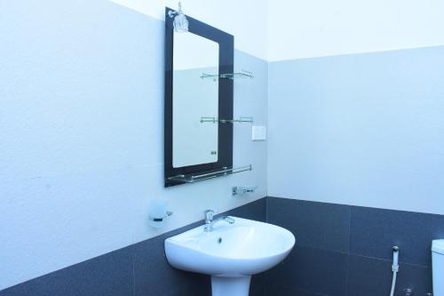 une salle de bain avec un lavabo et un miroir dans l'établissement Pepper Garden Cottage, à Uda Walawe
