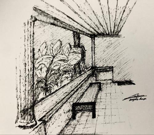 a drawing of a bench on a porch at The Patio Yogya in Yogyakarta