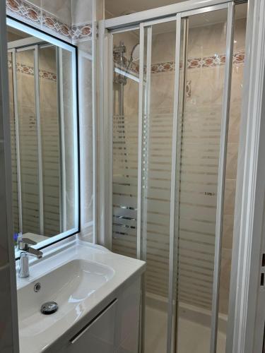 une salle de bain avec un lavabo et une douche en verre dans l'établissement Studio - Suquet Forville, à Cannes