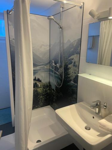 a bathroom with a shower and a sink with a window at Haus Anna-Marie in Feldberg