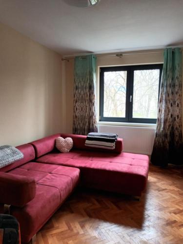 a red couch in a living room with a window at Apartament ANNA in Carei