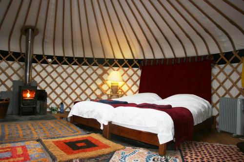 a bedroom with a bed in a yurt with a stove at Dogwood Yurt in Rye