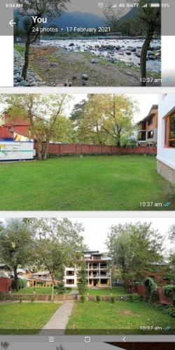 two pictures of a park with trees and grass at Hotel parkpalace in Pahalgām