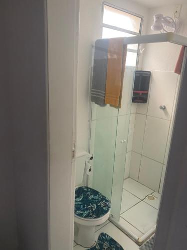 a small bathroom with a toilet and a shower at Comfortable apartment in Barra dos Coqueiros