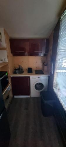 une petite cuisine avec un évier et une machine à laver dans l'établissement Appartement en résidence Brides les Bains, à Brides-les-Bains
