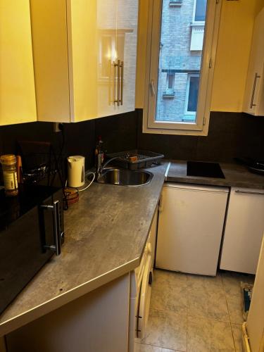 une cuisine avec un évier et une fenêtre dans l'établissement L'étoile de duhesme, à Paris