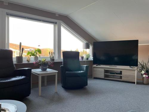 a living room with two chairs and a flat screen tv at Stor enebolig sentralt på Senja in Senja