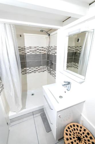 une salle de bain blanche avec une douche et un lavabo dans l'établissement Lulu la Brocante - Hypercentre - Gare, à Angers