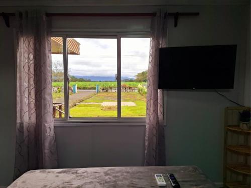 a bedroom with a window with a view of a field at Yin Garden Lodge Fortuna in Fortuna