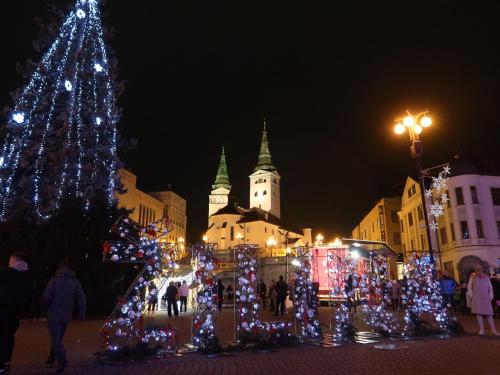 a christmas tree in the middle of a city at night at Apartmán Hollého in Žilina
