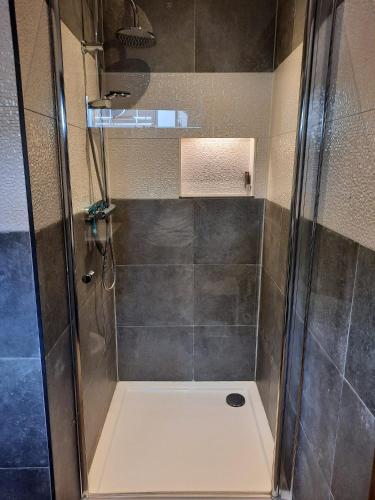 a shower with a glass door in a bathroom at T kan Verkeren - Houseboat in Amsterdam