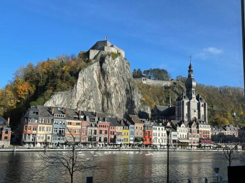 a city with a castle on top of a mountain at La Belle Étable in Dinant