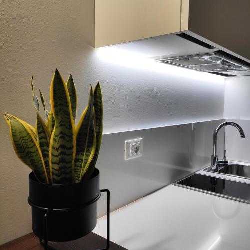 a plant in a black pot on a kitchen counter at Borgo di Ponte Holiday Apartments & Rooms in Cividale del Friuli