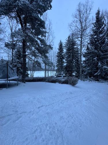 a snow covered park with a bench and trees at Mysig stuga i Nävesta in Örebro